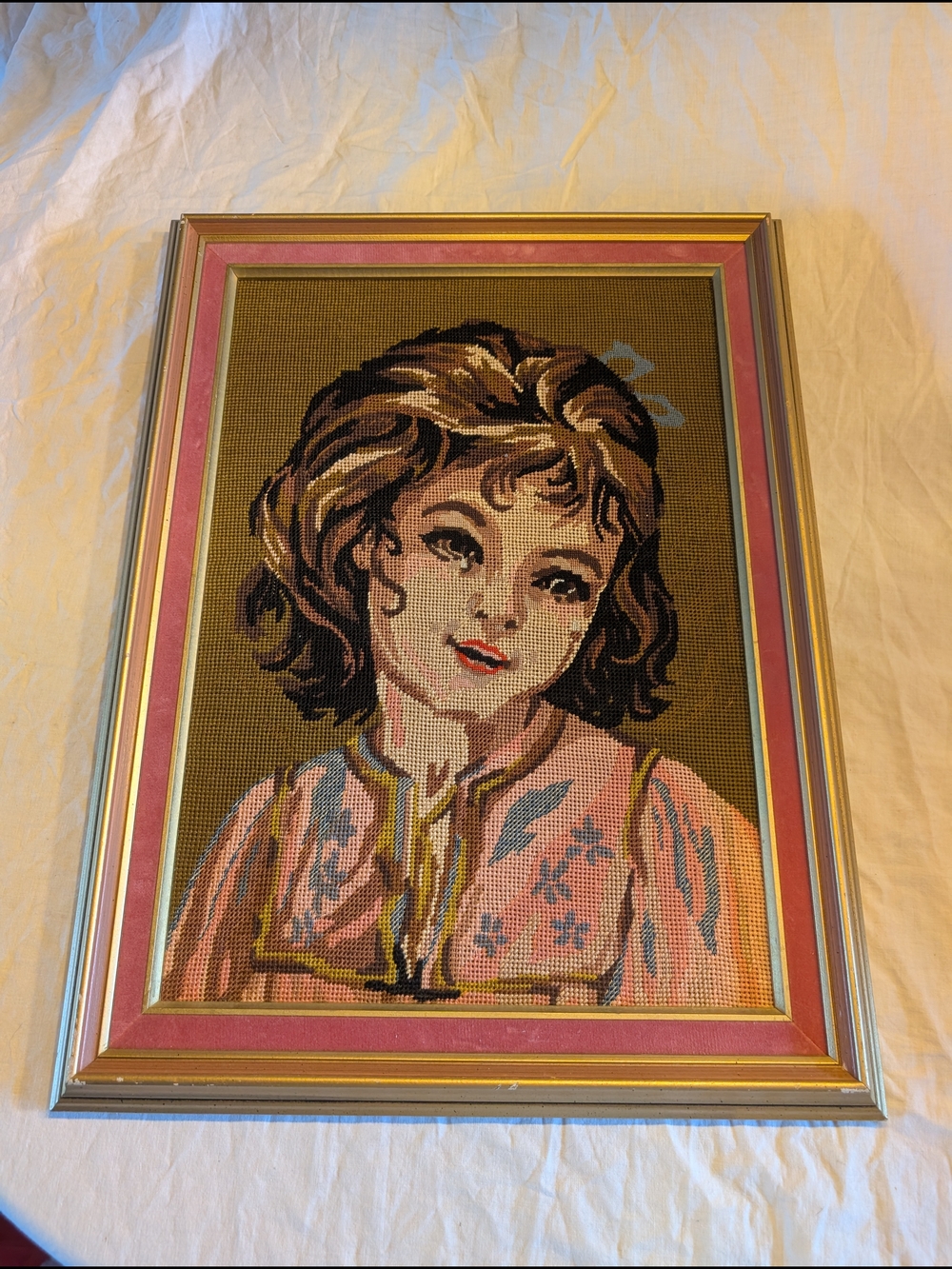 2/140$ Vintage Pink and Gold Framed Needlepoint Girl Portrait